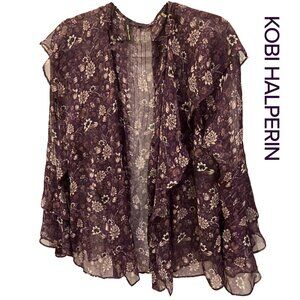 Kobi Halperin 100% Silk LS dark floral fairy poet’s blouse. Size L
